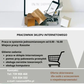 Praca w sklepie internetowym  Oferta skierowana dla osób posiadających orzeczenie o stopniu niepełnosprawności 