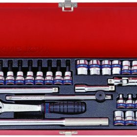 ZESTAW NARZĘDZI 3/8 34cz. NASADKI KRÓTKIE 12-kąt. 6 - 19mm, E4 - E18, T8 - T40 Z GRZECHOTKĄ I AKCESORIAMI, KASETA